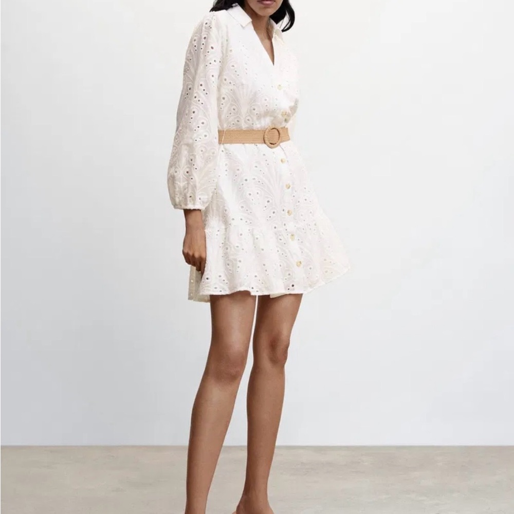Mango Eyelet Belted White Dress Sz M